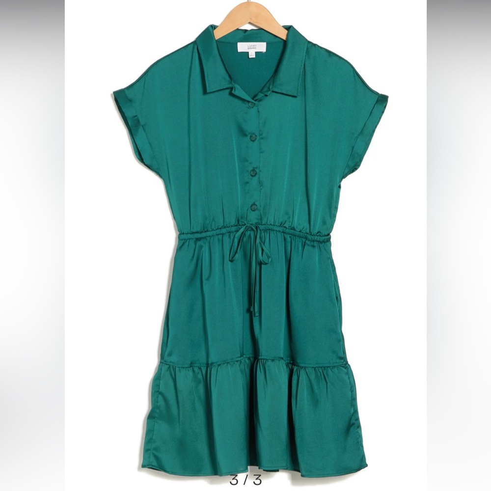 Lucky Brand Green Satin dress lined w pockets elastic waist buttons at bust NWT